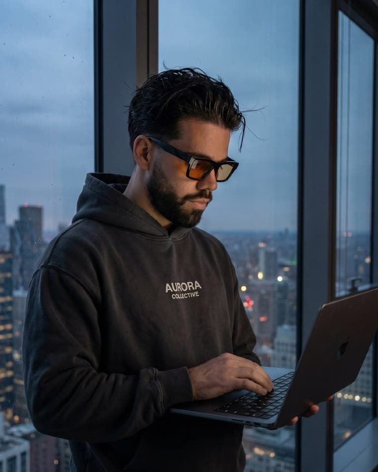 Anyro, author of Dating Busy Men, working at a window over the city